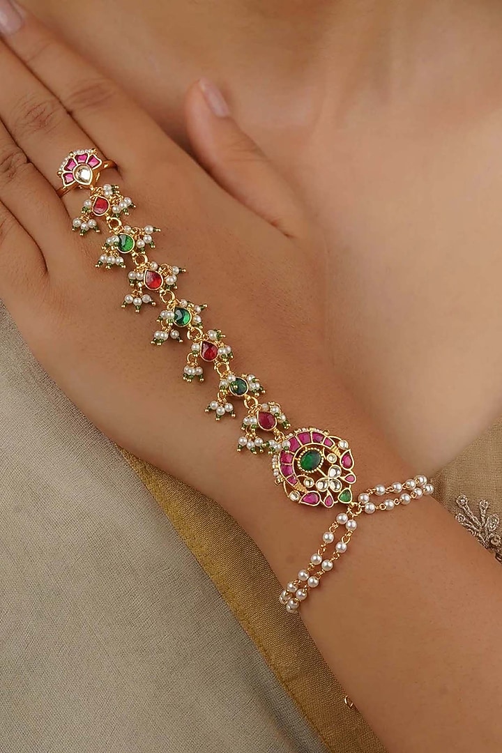 Gold Plated Uncut Polki & Beaded Jadau Haathphool by Mortantra at Pernia's Pop Up Shop