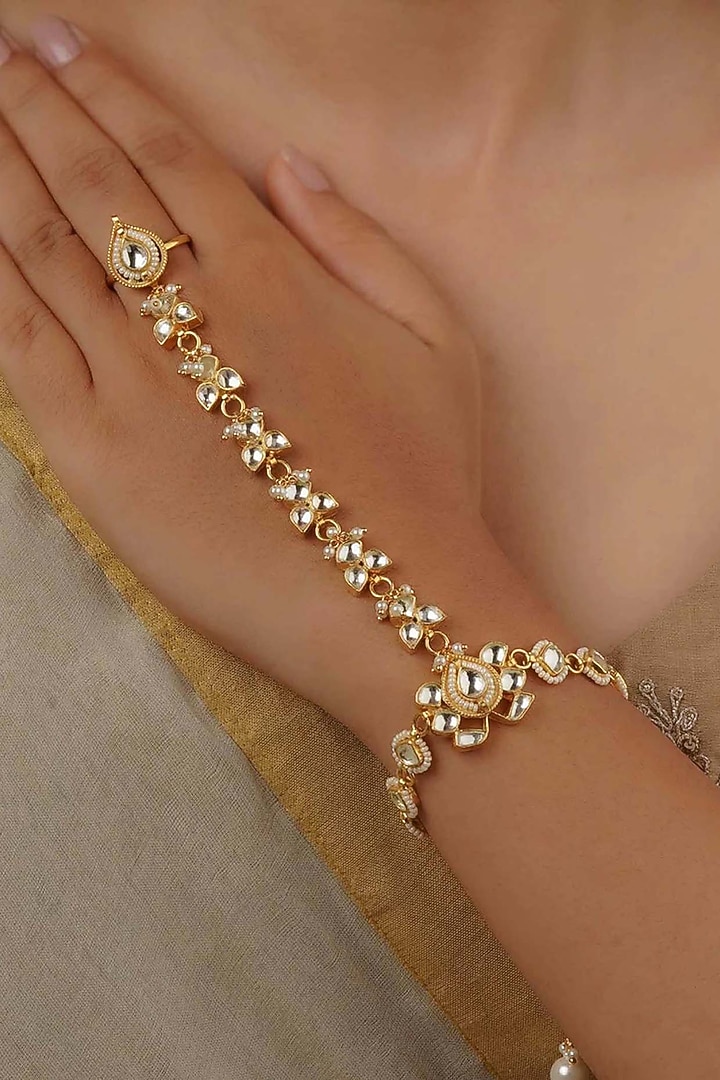 Gold Plated Uncut Polki & Beaded Jadau Haathphool by Mortantra at Pernia's Pop Up Shop