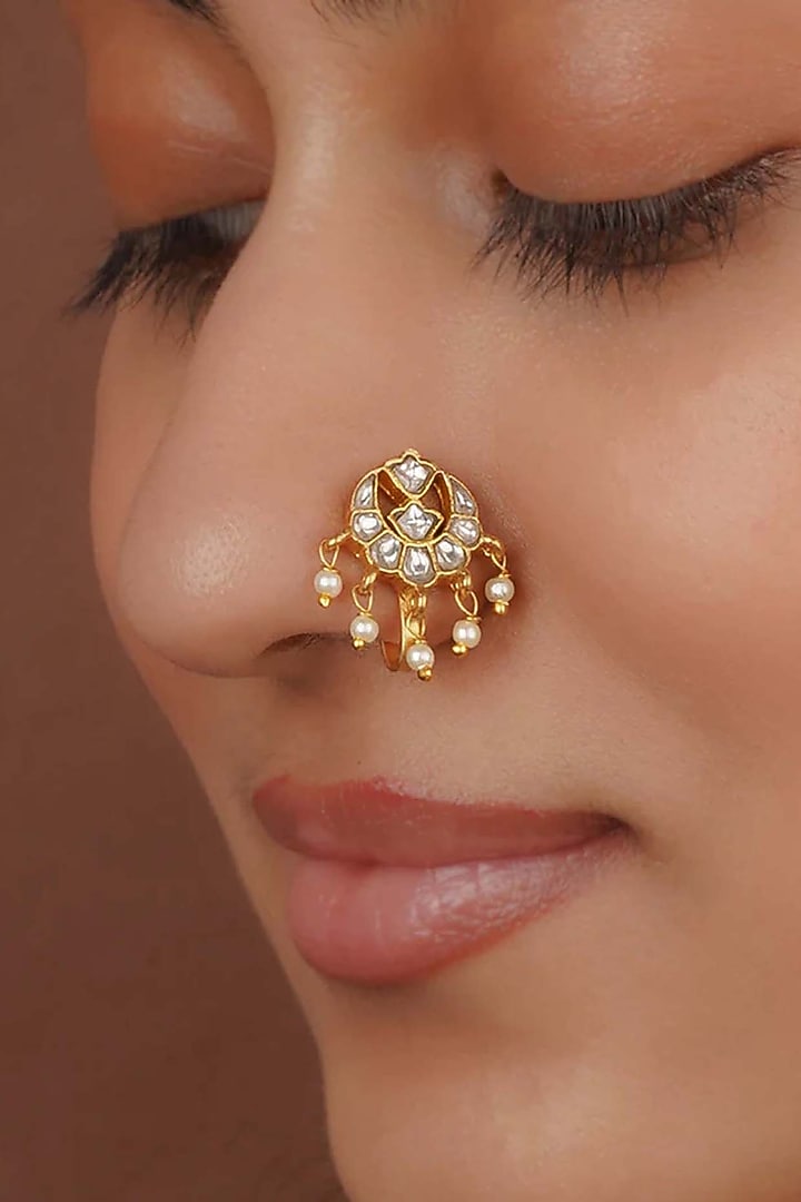 Gold Plated Uncut Polki & Beaded Jadau Nose Ring by Mortantra at Pernia's Pop Up Shop