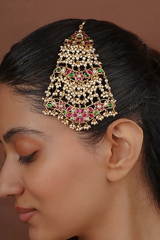 Gold Plated Uncut Polki & Beaded Jadau Passa by Mortantra