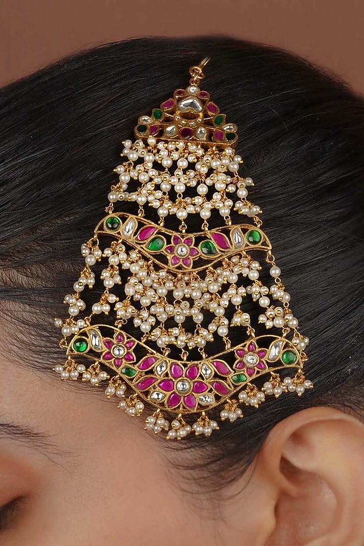 Gold Plated Uncut Polki & Beaded Jadau Passa by Mortantra at Pernia's Pop Up Shop