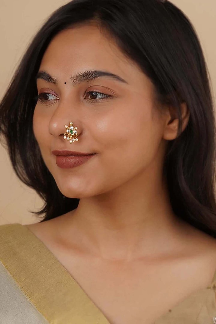 Gold Plated Uncut Polki & Beaded Jadau Nose Ring by Mortantra at Pernia's Pop Up Shop