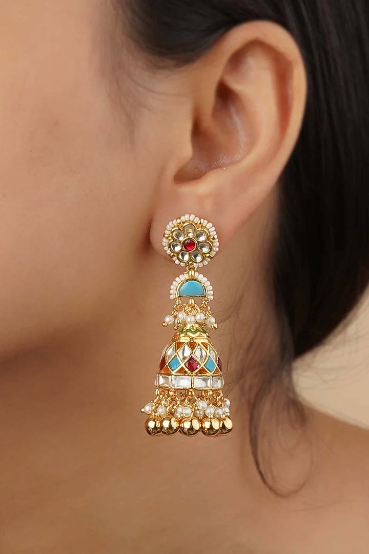 Gold Plated Uncut Polki & Beaded Jadau Jhumka Earrings by Mortantra at Pernia's Pop Up Shop