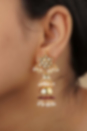Gold Plated Uncut Polki & Beaded Jadau Jhumka Earrings by Mortantra at Pernia's Pop Up Shop