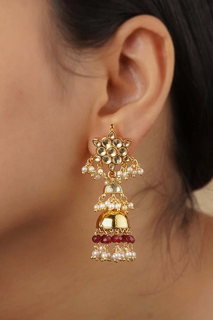 Gold Plated Uncut Polki & Beaded Jadau Jhumka Earrings by Mortantra at Pernia's Pop Up Shop