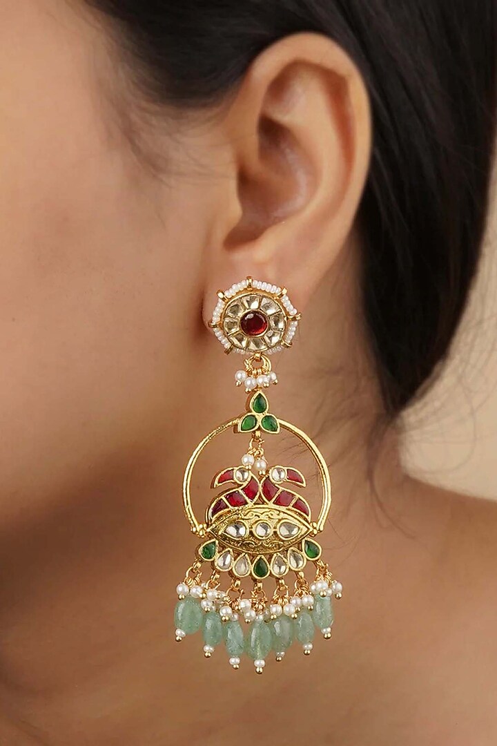 Gold Plated Uncut Polki & Beaded Jadau Dangler Earrings by Mortantra at Pernia's Pop Up Shop