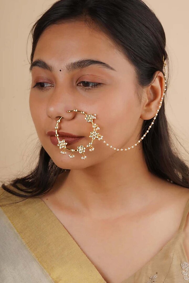 Gold Plated Uncut Polki & Beaded Jadau Nose Ring by Mortantra at Pernia's Pop Up Shop
