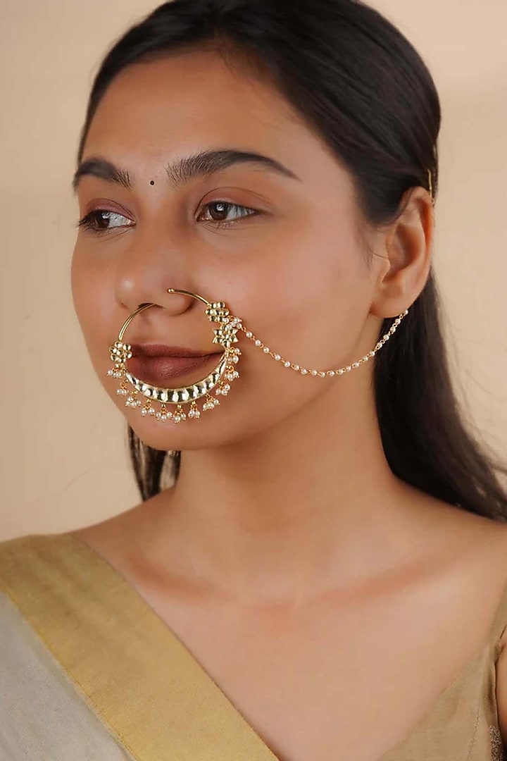 Gold Plated Uncut Polki & Beaded Jadau Nose Ring by Mortantra at Pernia's Pop Up Shop