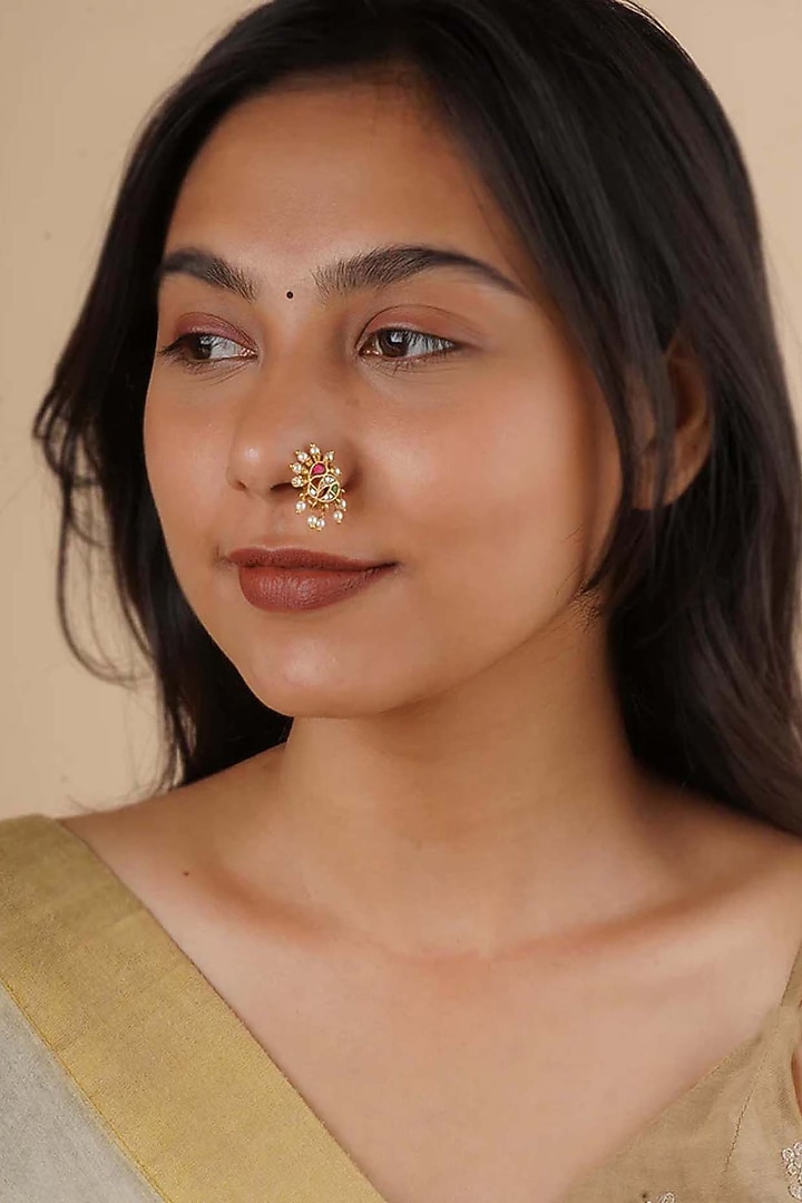 Gold Plated Uncut Polki & Beaded Jadau Nose Ring by Mortantra at Pernia's Pop Up Shop