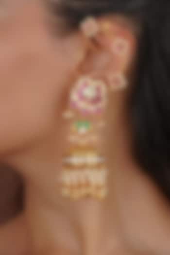 Gold Plated Uncut Polki & Beaded Jadau Jhumka Earrings by Mortantra at Pernia's Pop Up Shop