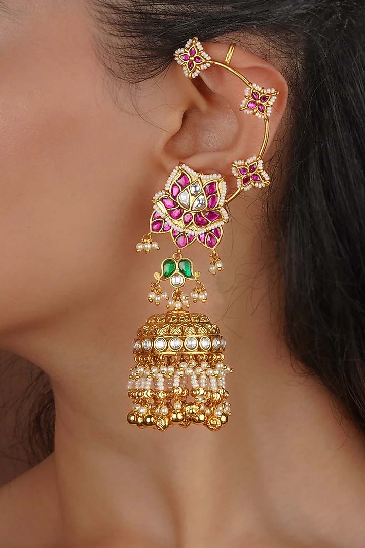 Gold Plated Uncut Polki & Beaded Jadau Jhumka Earrings by Mortantra at Pernia's Pop Up Shop