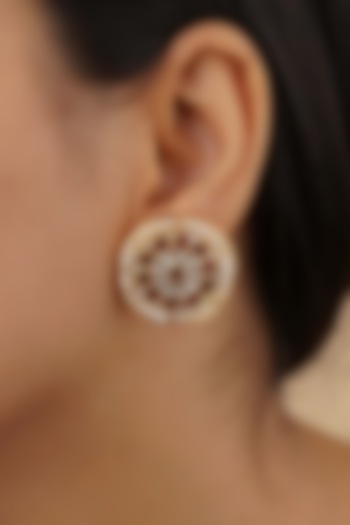 Gold Plated Uncut Polki & Beaded Jadau Stud Earrings by Mortantra at Pernia's Pop Up Shop