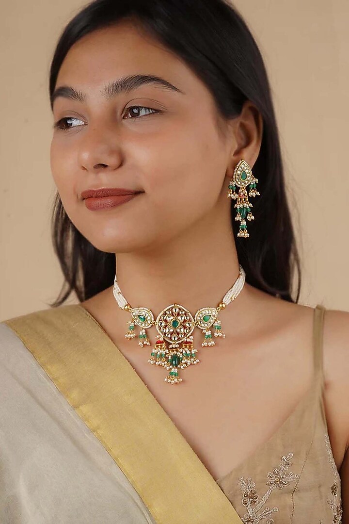 Gold Plated Uncut Polki & Beaded Jadau Choker Necklace Set by Mortantra at Pernia's Pop Up Shop
