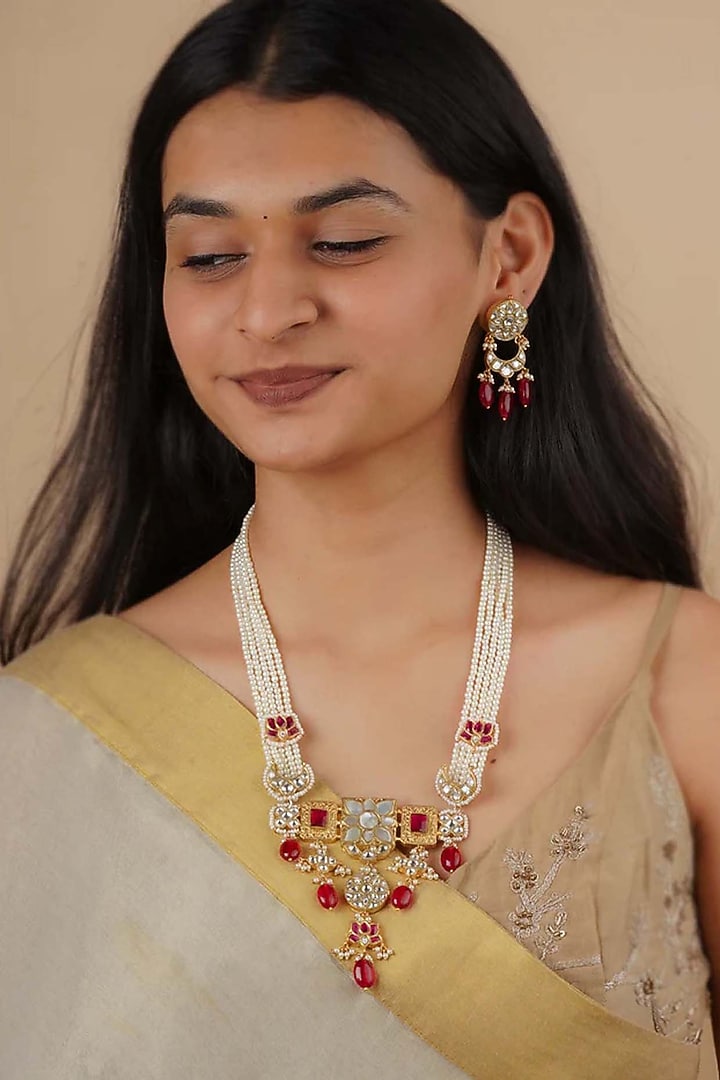 Gold Plated Uncut Polki & Beaded Jadau Long Necklace Set by Mortantra at Pernia's Pop Up Shop