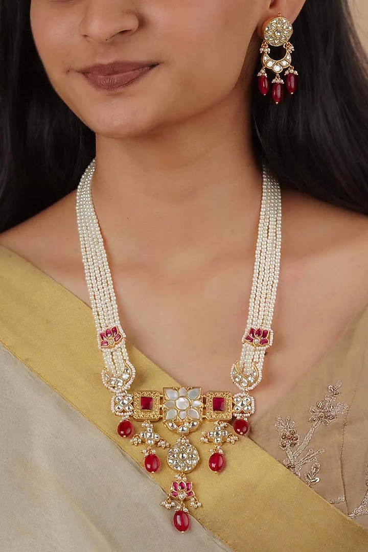 Gold Plated Uncut Polki & Beaded Jadau Long Necklace Set by Mortantra at Pernia's Pop Up Shop