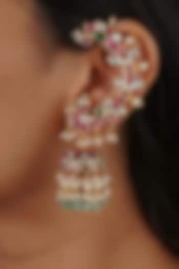 Gold Plated Uncut Polki & Beaded Jadau Dangler Earrings by Mortantra at Pernia's Pop Up Shop