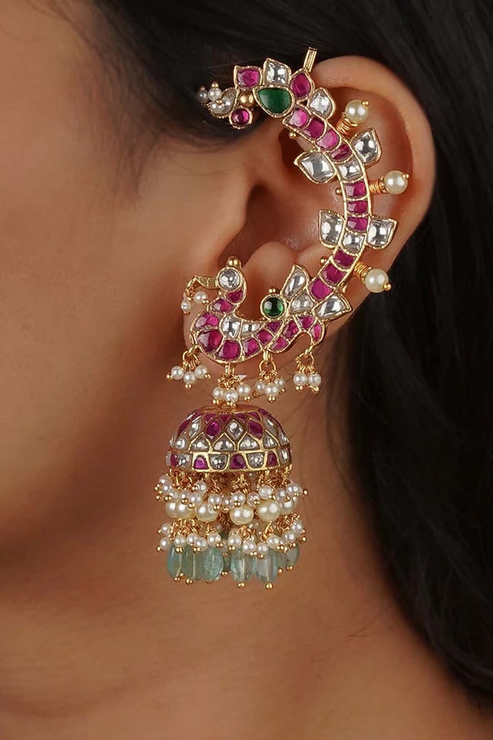 Gold Plated Uncut Polki & Beaded Jadau Dangler Earrings by Mortantra at Pernia's Pop Up Shop