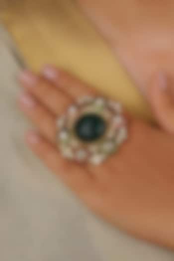 Gold Plated Uncut Polki & Beaded Jadau Ring by Mortantra at Pernia's Pop Up Shop