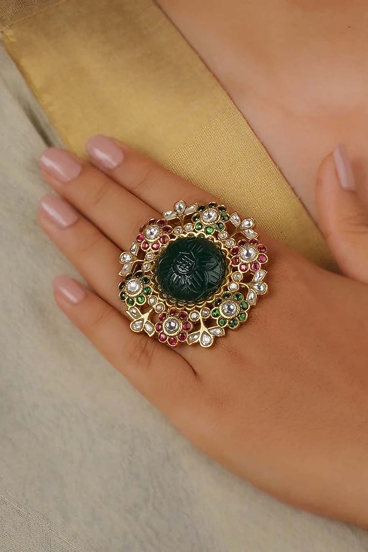 Gold Plated Uncut Polki & Beaded Jadau Ring by Mortantra at Pernia's Pop Up Shop