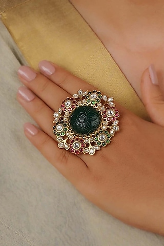 Gold Plated Uncut Polki & Beaded Jadau Ring by Mortantra