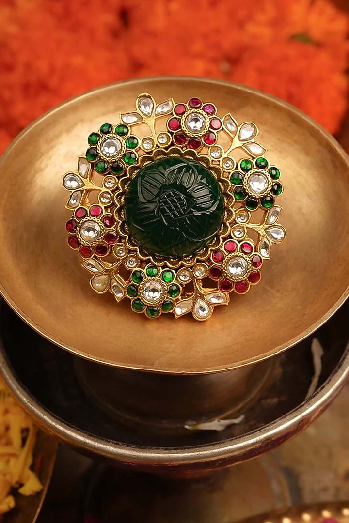 Gold Plated Uncut Polki & Beaded Jadau Ring by Mortantra at Pernia's Pop Up Shop