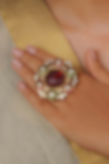 Gold Plated Uncut Polki & Beaded Jadau Ring by Mortantra at Pernia's Pop Up Shop