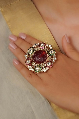 Gold Plated Uncut Polki & Beaded Jadau Ring by Mortantra
