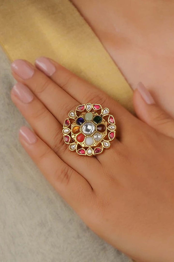 Gold Plated Uncut Polki & Beaded Jadau Ring by Mortantra at Pernia's Pop Up Shop