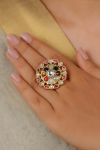 Gold Plated Uncut Polki & Beaded Jadau Ring by Mortantra