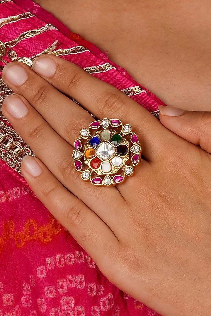 Gold Plated Uncut Polki & Beaded Jadau Ring by Mortantra at Pernia's Pop Up Shop