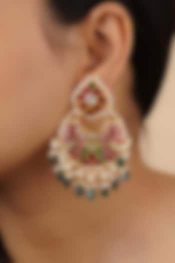 Gold Plated Uncut Polki & Beaded Jadau Chandbali Earrings by Mortantra at Pernia's Pop Up Shop