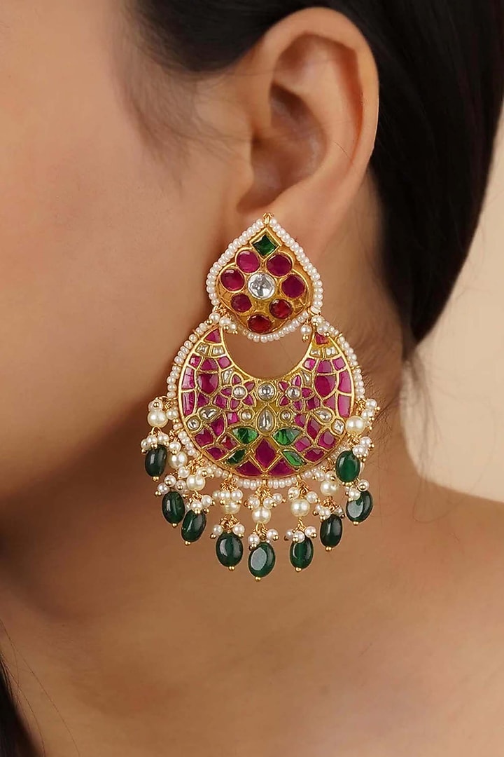 Gold Plated Uncut Polki & Beaded Jadau Chandbali Earrings by Mortantra at Pernia's Pop Up Shop