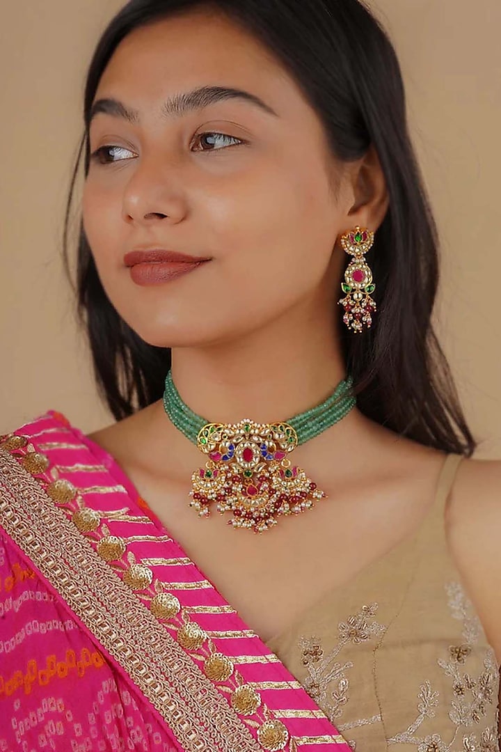 Gold Plated Uncut Polki & Beaded Jadau Choker Necklace Set by Mortantra at Pernia's Pop Up Shop