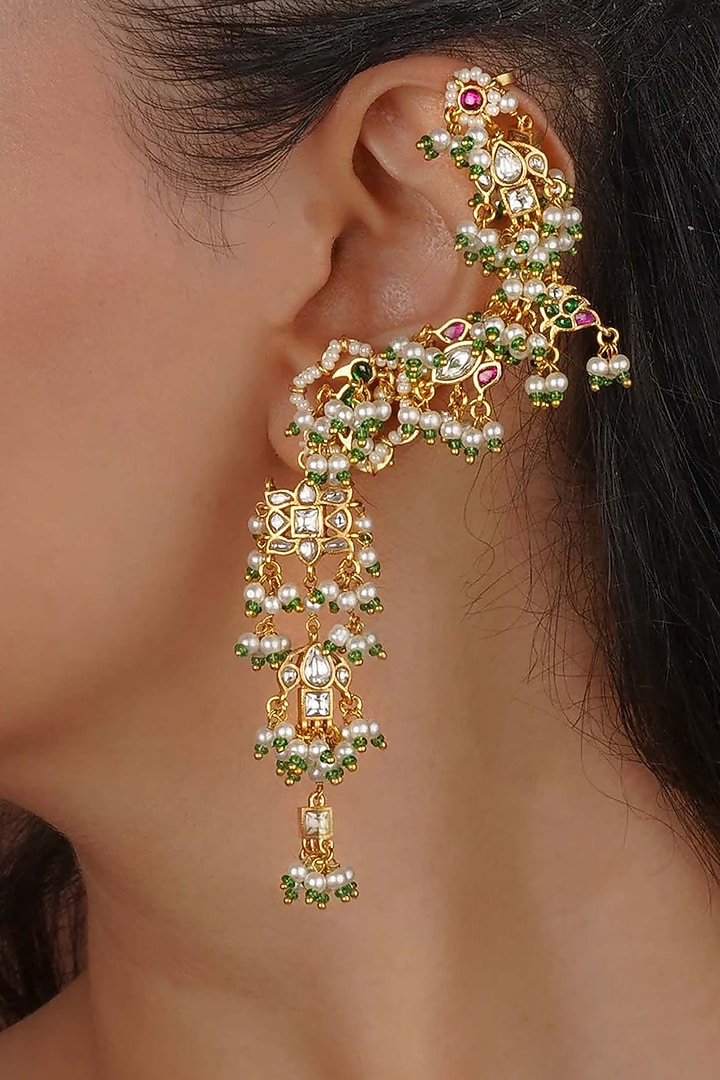 Gold Plated Uncut Polki & Beaded Jadau Earrings by Mortantra at Pernia's Pop Up Shop