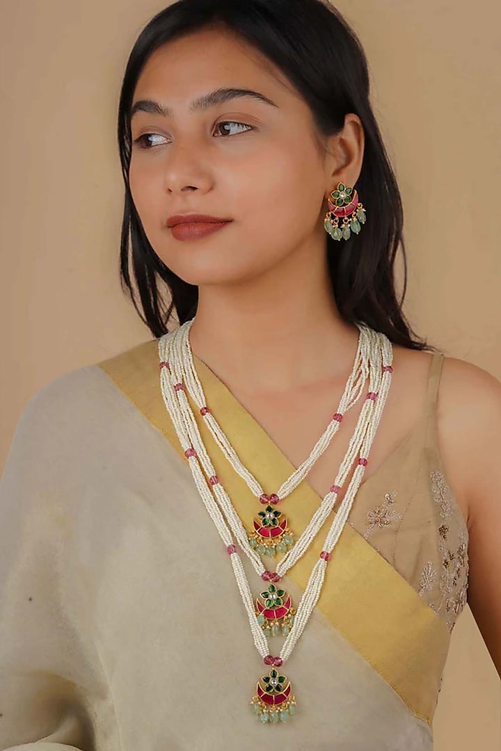 Gold Plated Uncut Polki & Beaded Jadau Layered Necklace Set by Mortantra at Pernia's Pop Up Shop