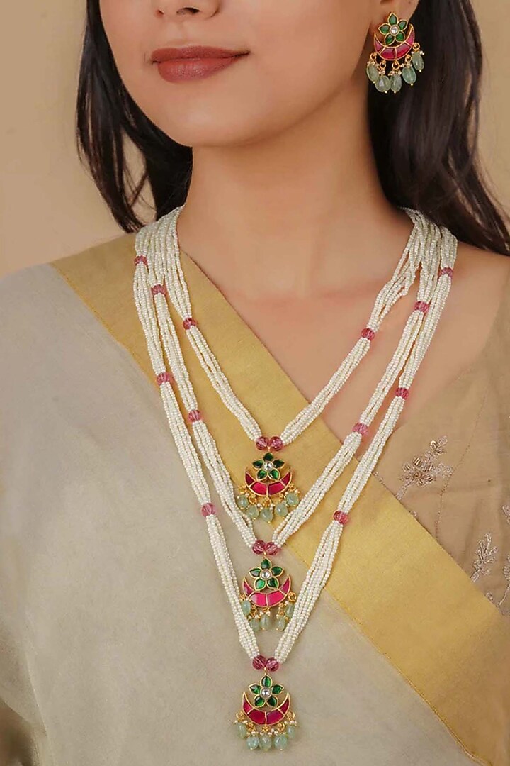 Gold Plated Uncut Polki & Beaded Jadau Layered Necklace Set by Mortantra at Pernia's Pop Up Shop