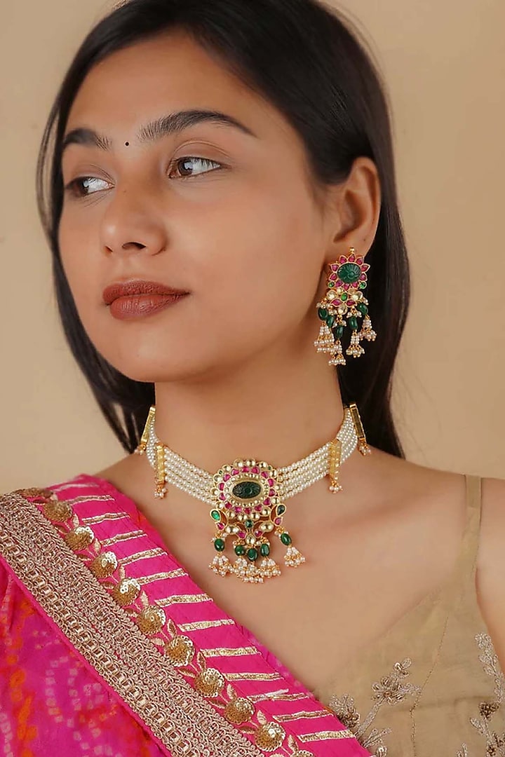 Gold Plated Uncut Polki & Beaded Jadau Choker Necklace Set by Mortantra at Pernia's Pop Up Shop