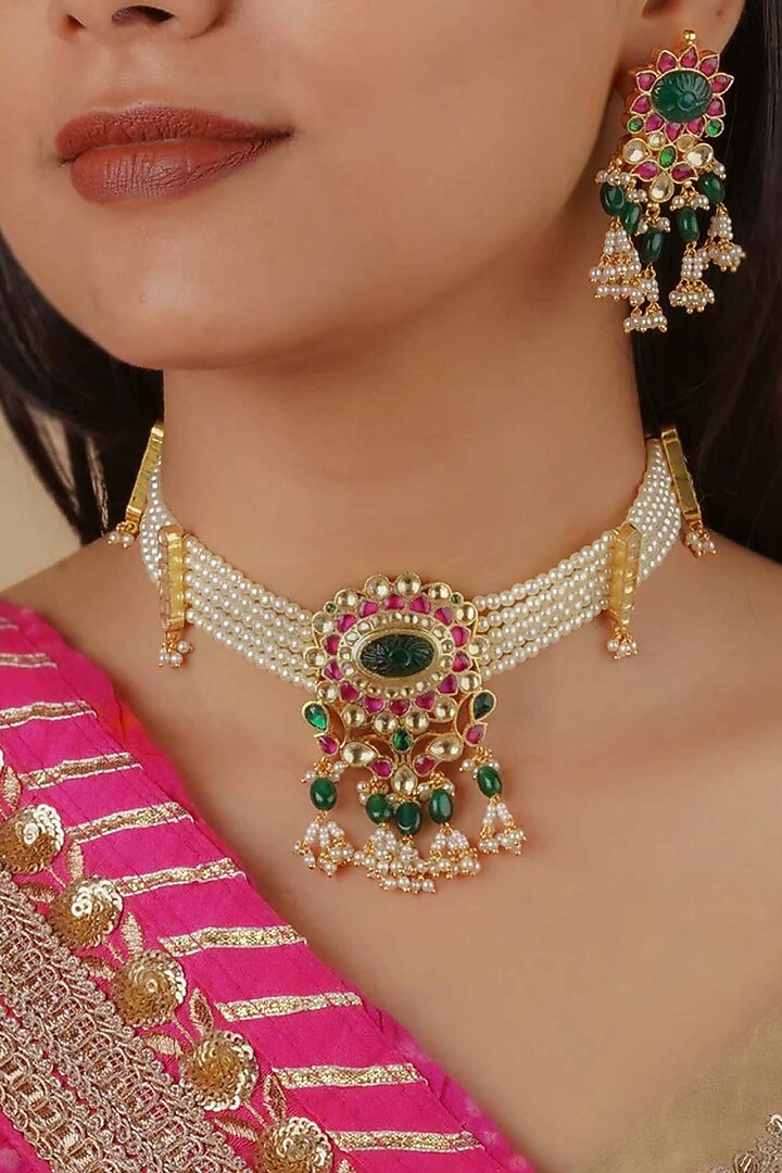 Gold Plated Uncut Polki & Beaded Jadau Choker Necklace Set by Mortantra at Pernia's Pop Up Shop