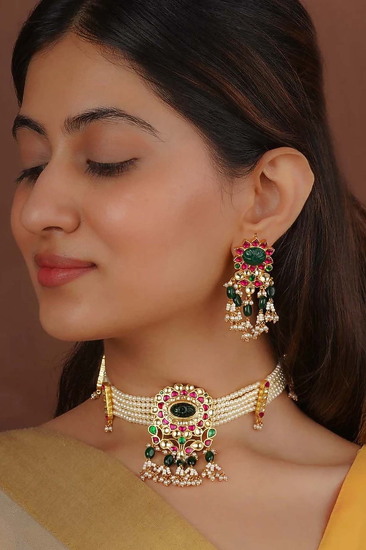 Gold Plated Uncut Polki & Beaded Jadau Choker Necklace Set by Mortantra at Pernia's Pop Up Shop