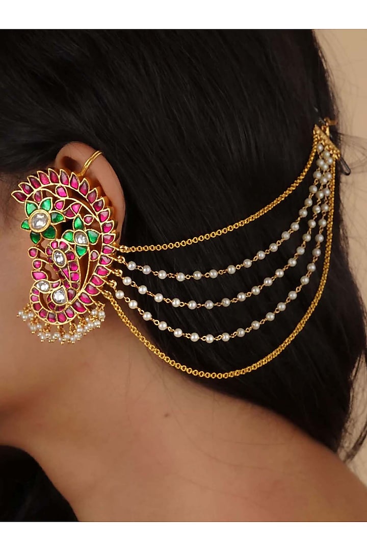 Gold Plated Uncut Polki & Beaded Jadau Earchains by Mortantra at Pernia's Pop Up Shop