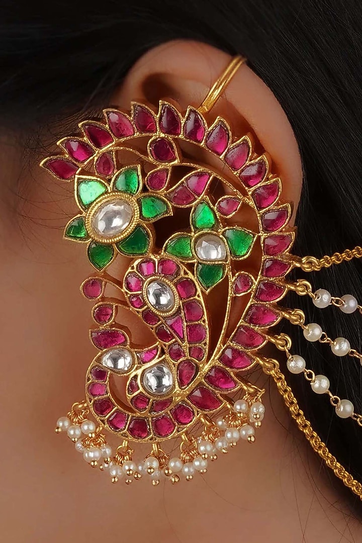Gold Plated Uncut Polki & Beaded Jadau Earchains by Mortantra at Pernia's Pop Up Shop