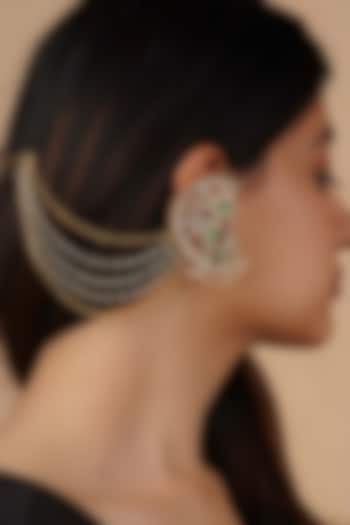 Gold Plated Uncut Polki & Beaded Jadau Earchains by Mortantra at Pernia's Pop Up Shop