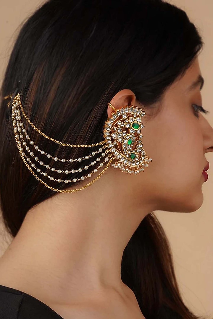 Gold Plated Uncut Polki & Beaded Jadau Earchains by Mortantra at Pernia's Pop Up Shop