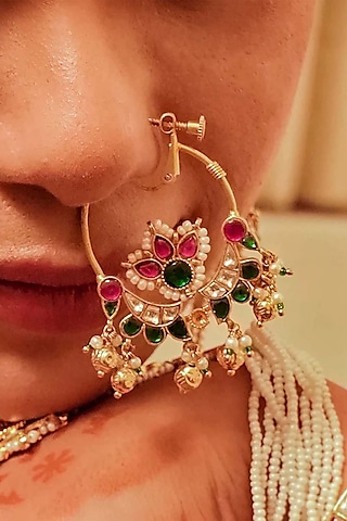 Gold Plated Uncut Polki & Beaded Jadau Nose Ring by Mortantra