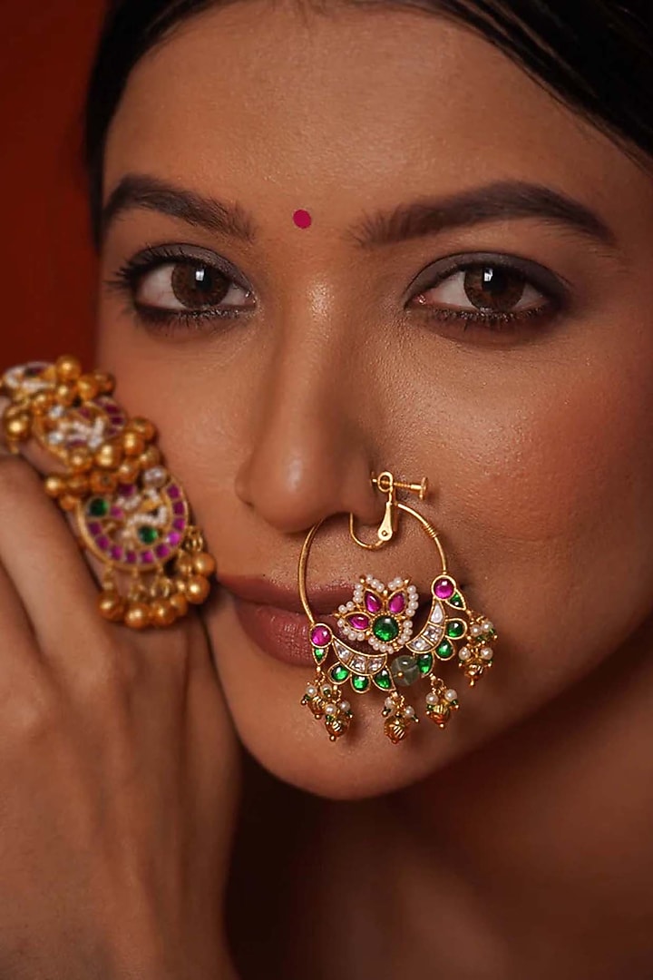 Gold Plated Uncut Polki & Beaded Jadau Nose Ring by Mortantra at Pernia's Pop Up Shop