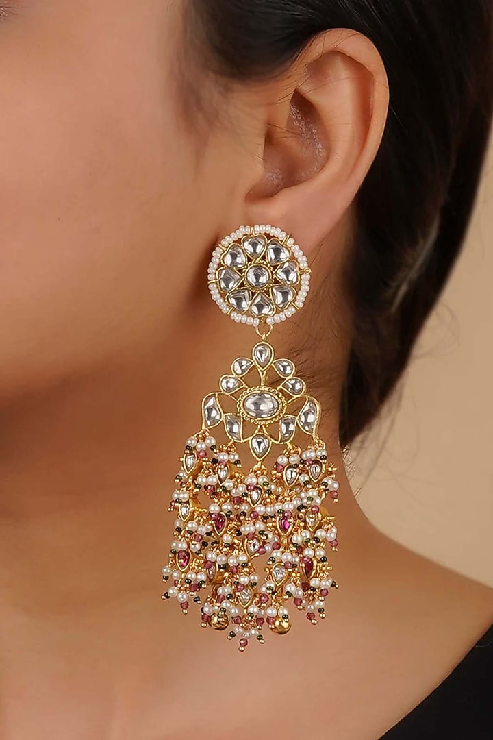 Gold Plated Uncut Polki & Beaded Jadau Dangler Earrings by Mortantra at Pernia's Pop Up Shop