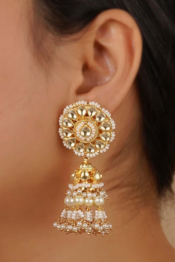 Gold Plated Uncut Polki & Beaded Jadau Dangler Earrings by Mortantra at Pernia's Pop Up Shop