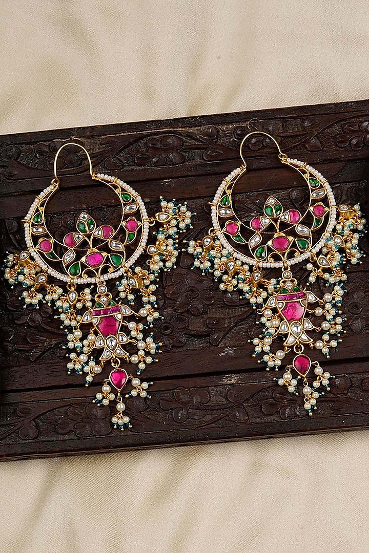 Gold Plated Uncut Polki & Beaded Jadau Dangler Earrings by Mortantra at Pernia's Pop Up Shop