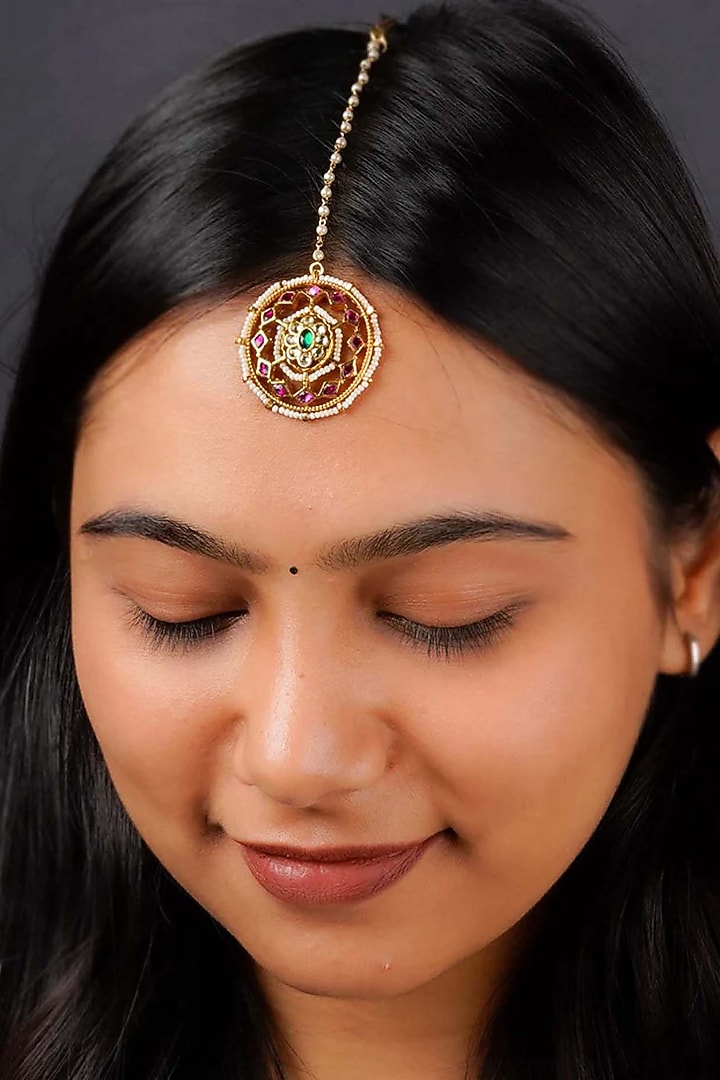 Gold Plated Uncut Polki & Beaded Jadau Maangtikka by Mortantra at Pernia's Pop Up Shop