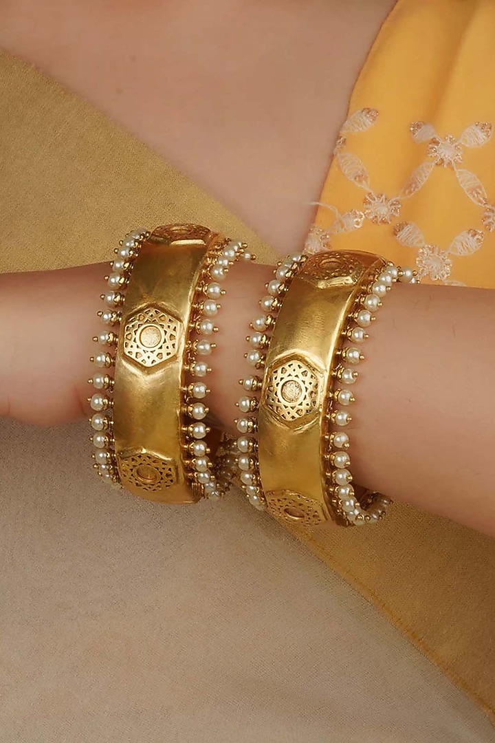 Gold Plated Uncut Polki & Beaded Jadau Bangles (Set Of 2) by Mortantra at Pernia's Pop Up Shop